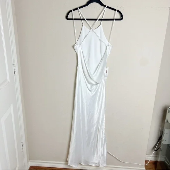 Bardot Slip Dress Large US 8 Mila Cowl Back Orchid White Midi Slit Satin Bridal - Picture 4 of 11